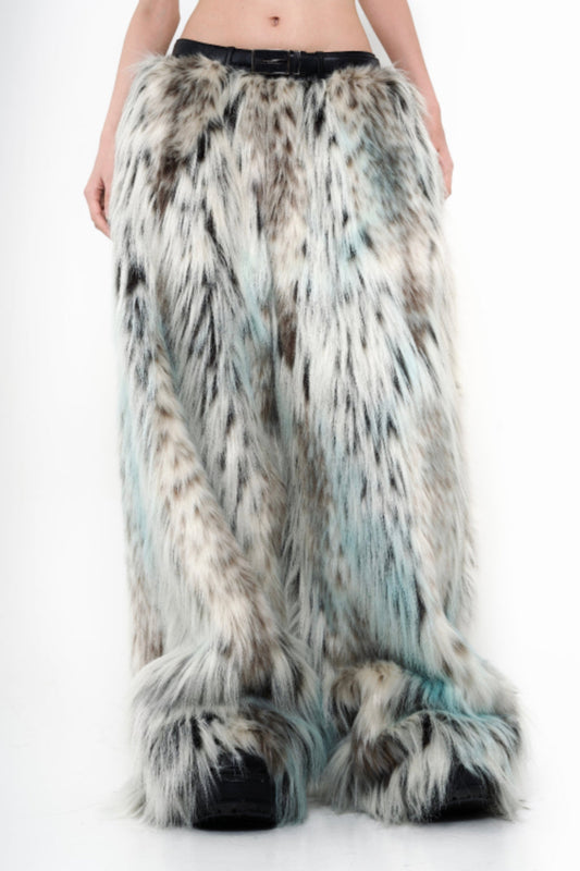 XVVVN CURAÇAO Leopard Long Faux Fur Pants / White