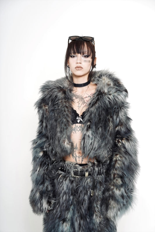 XVVVN CURAÇAO Leopard Long Faux Fur Hooded Jacket / Black